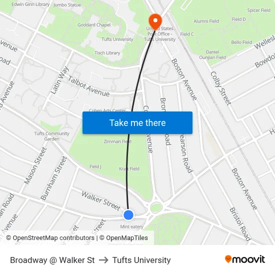 Broadway @ Walker St to Tufts University map