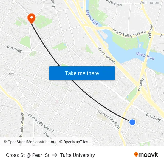 Cross St @ Pearl St to Tufts University map