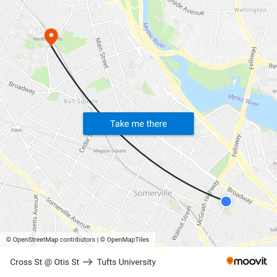 Cross St @ Otis St to Tufts University map