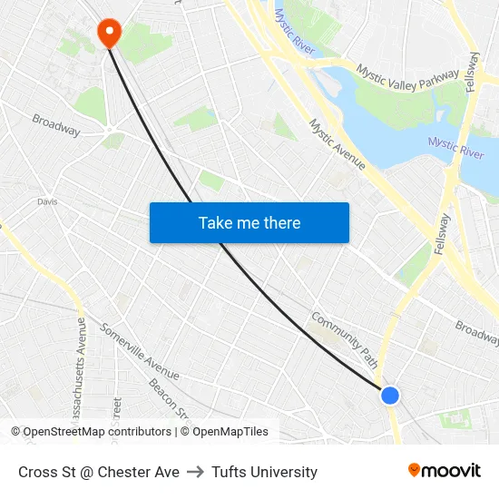 Cross St @ Chester Ave to Tufts University map