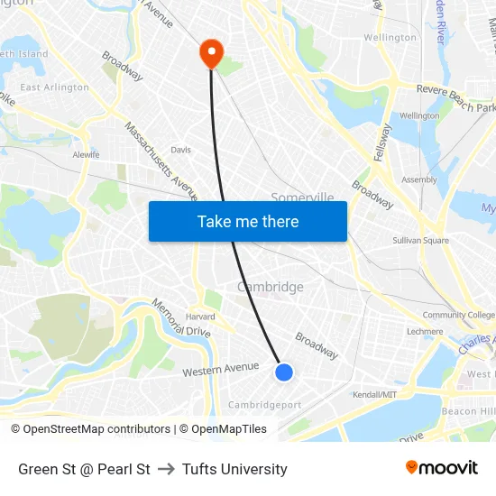 Green St @ Pearl St to Tufts University map