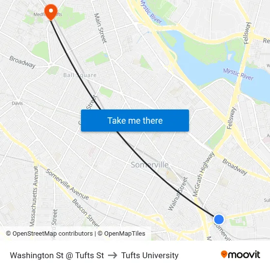 Washington St @ Tufts St to Tufts University map