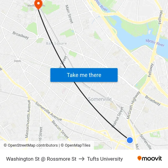 Washington St @ Rossmore St to Tufts University map
