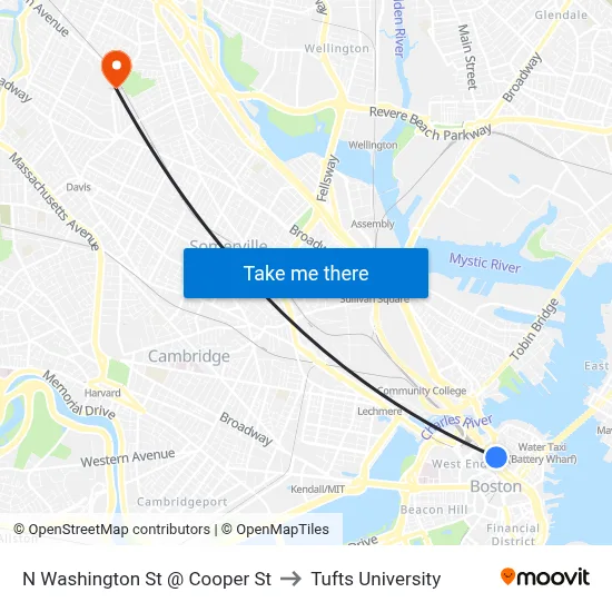 N Washington St @ Cooper St to Tufts University map