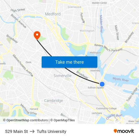 529 Main St to Tufts University map