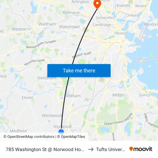 785 Washington St @ Norwood Hospital to Tufts University map
