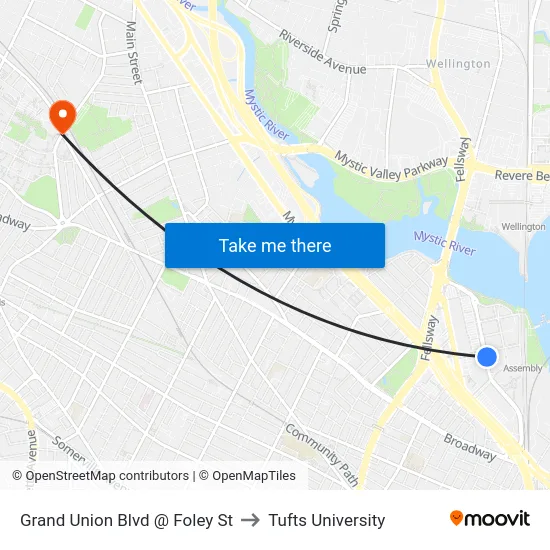 Grand Union Blvd @ Foley St to Tufts University map