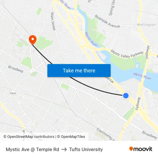 Mystic Ave @ Temple Rd to Tufts University map