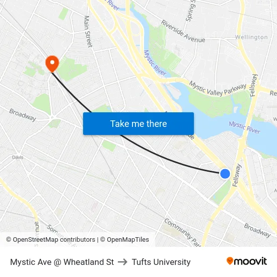 Mystic Ave @ Wheatland St to Tufts University map