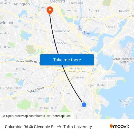 Columbia Rd @ Glendale St to Tufts University map