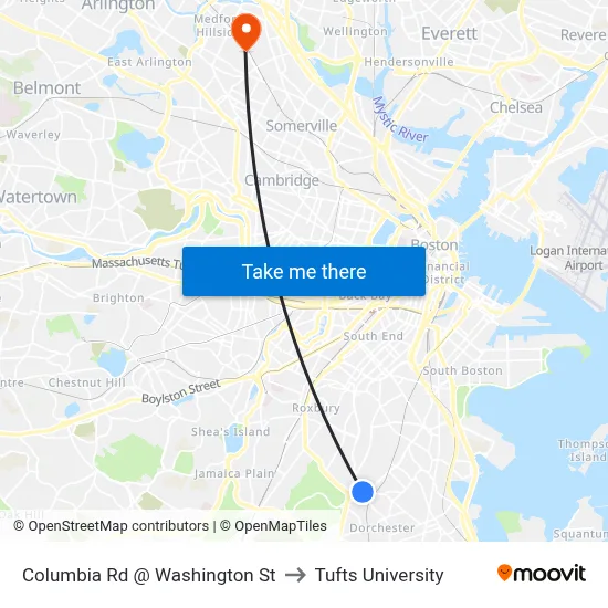 Columbia Rd @ Washington St to Tufts University map