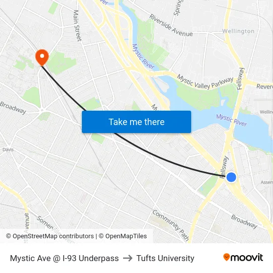 Mystic Ave @ I-93 Underpass to Tufts University map