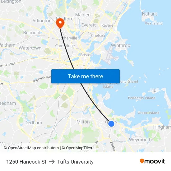 1250 Hancock St to Tufts University map