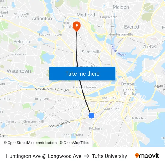 Huntington Ave @ Longwood Ave to Tufts University map