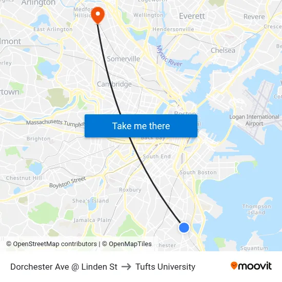 Dorchester Ave @ Linden St to Tufts University map