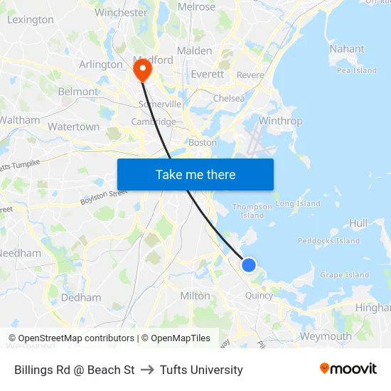 Billings Rd @ Beach St to Tufts University map
