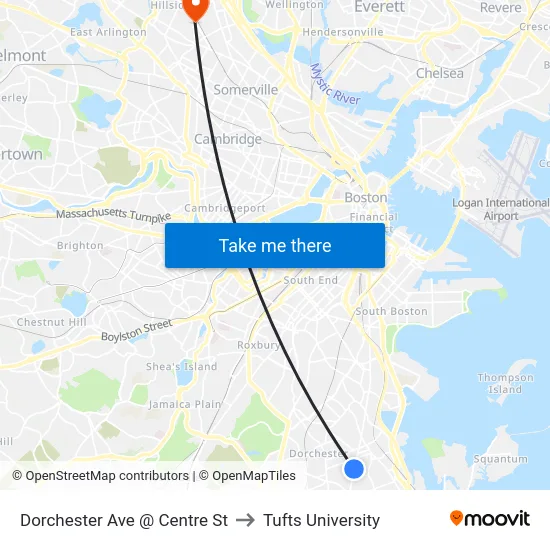 Dorchester Ave @ Centre St to Tufts University map