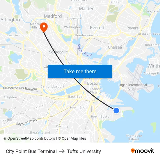 City Point Bus Terminal to Tufts University map