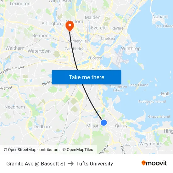 Granite Ave @ Bassett St to Tufts University map