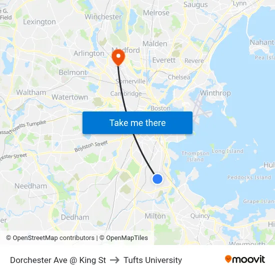 Dorchester Ave @ King St to Tufts University map