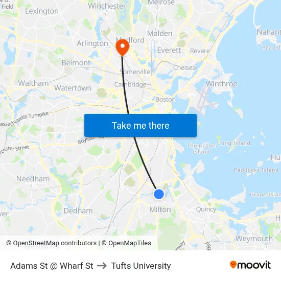 Adams St @ Wharf St to Tufts University map