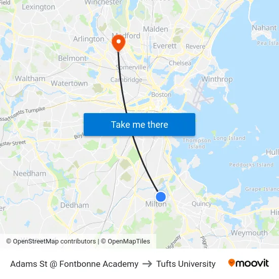 Adams St @ Fontbonne Academy to Tufts University map