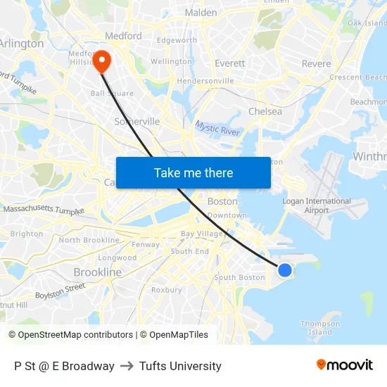 P St @ E Broadway to Tufts University map