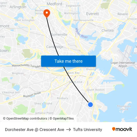 Dorchester Ave @ Crescent Ave to Tufts University map