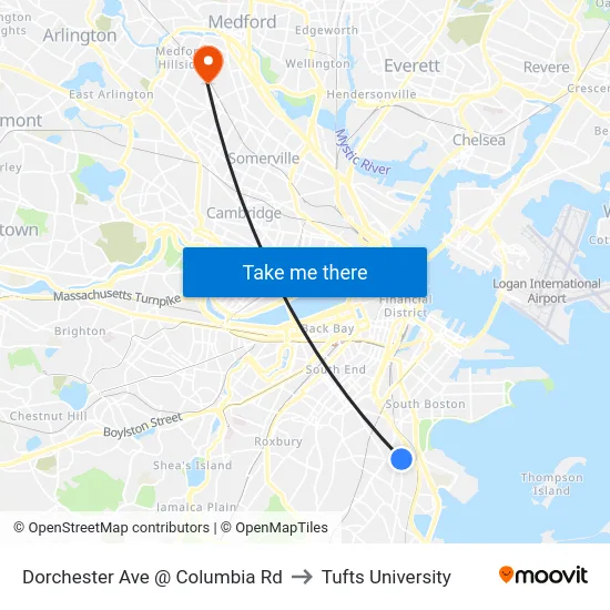 Dorchester Ave @ Columbia Rd to Tufts University map
