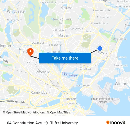 104 Constitution Ave to Tufts University map