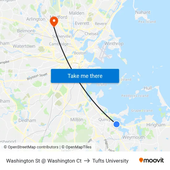 Washington St @ Washington Ct to Tufts University map