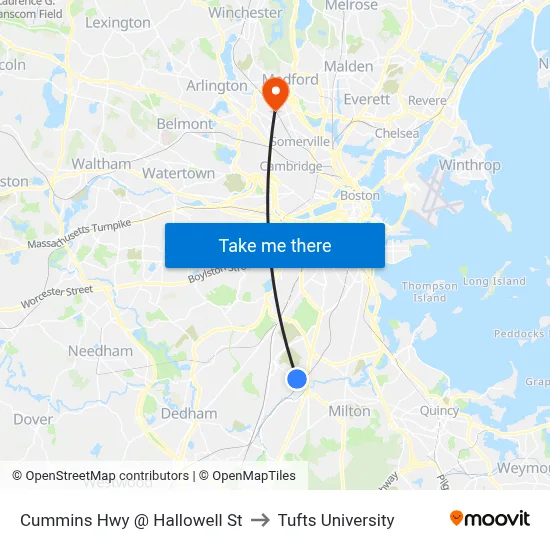 Cummins Hwy @ Hallowell St to Tufts University map