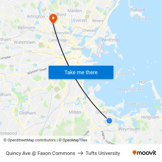 Quincy Ave @ Faxon Commons to Tufts University map
