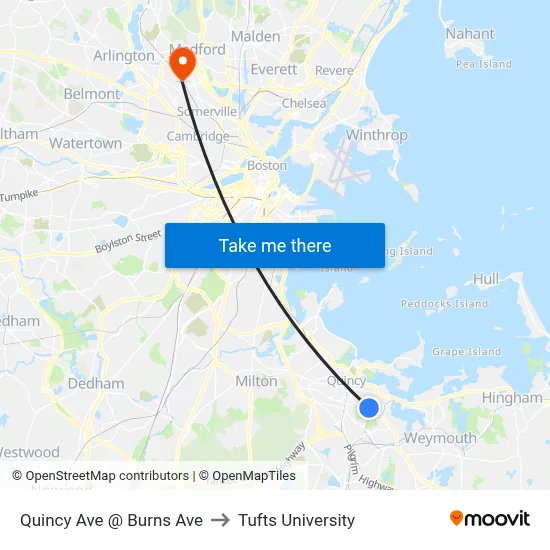 Quincy Ave @ Burns Ave to Tufts University map