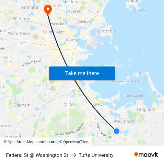 Federal St @ Washington St to Tufts University map