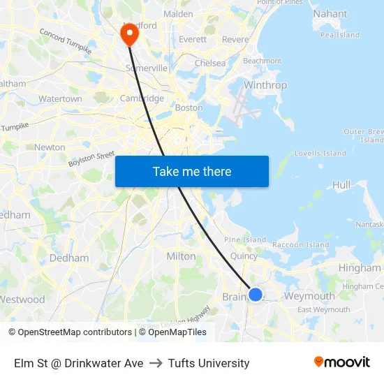 Elm St @ Drinkwater Ave to Tufts University map