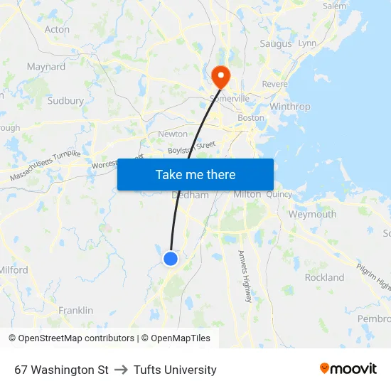 67 Washington St to Tufts University map