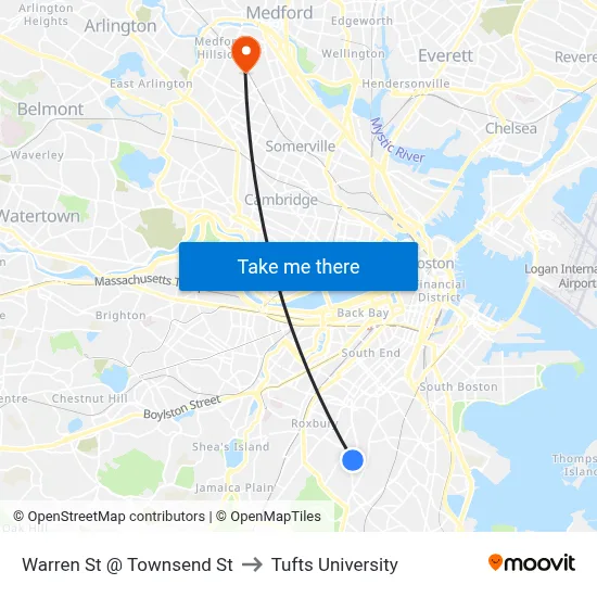 Warren St @ Townsend St to Tufts University map