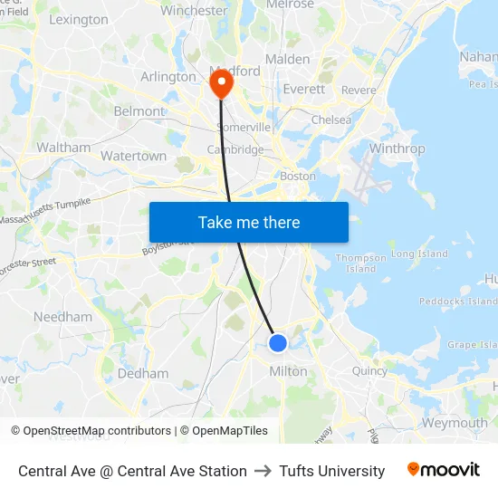 Central Ave @ Central Ave Station to Tufts University map