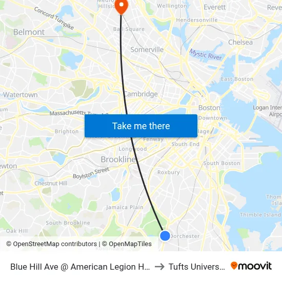 Blue Hill Ave @ American Legion Hwy to Tufts University map