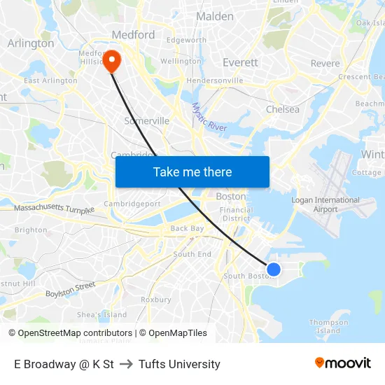 E Broadway @ K St to Tufts University map