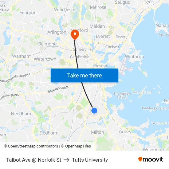 Talbot Ave @ Norfolk St to Tufts University map