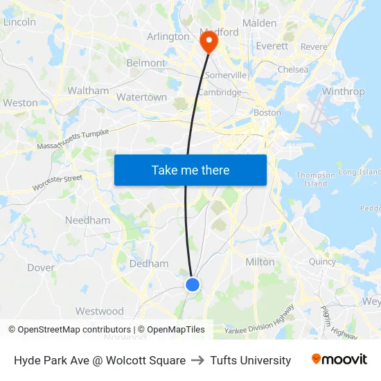 Hyde Park Ave @ Wolcott Square to Tufts University map