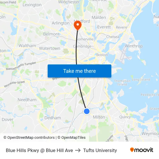 Blue Hills Pkwy @ Blue Hill Ave to Tufts University map