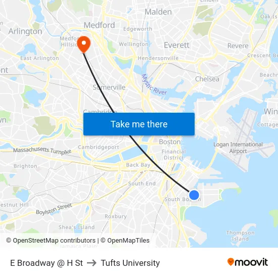 E Broadway @ H St to Tufts University map