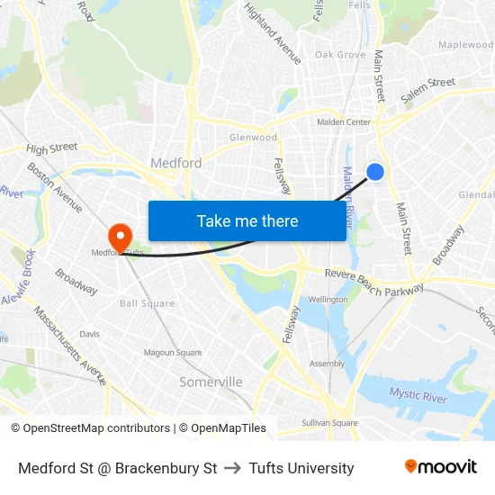 Medford St @ Brackenbury St to Tufts University map
