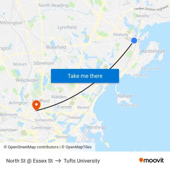 North St @ Essex St to Tufts University map