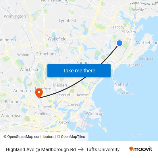 Highland Ave @ Marlborough Rd to Tufts University map