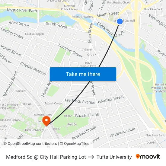 Medford Sq @ City Hall Parking Lot to Tufts University map