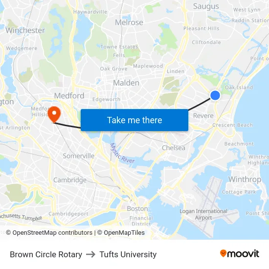 Brown Circle Rotary to Tufts University map